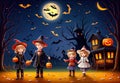 Halloween background, smiling orange pumpkins, night, bats