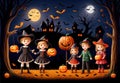 Halloween background, smiling orange pumpkins, night, bats