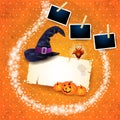 Halloween background with sparkles, hat and photo frames