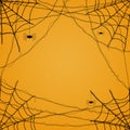 Halloween background. Spider web and spiders on an orange background. Copy space. Royalty Free Stock Photo