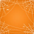 Halloween background. Spider web and spiders on an orange background. Copy space. Royalty Free Stock Photo