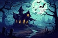 Halloween background with spooky cartoon house and moon