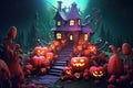 Halloween background with spooky cartoon pumpkins and house