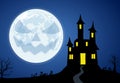 Halloween banner background with spooky castle and ghost face full moon Royalty Free Stock Photo