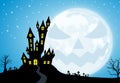 Halloween banner background with spooky castle and ghost face full moon Royalty Free Stock Photo