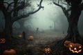 Halloween background Spooky forest with dead trees and pumpkins Generative AI Royalty Free Stock Photo