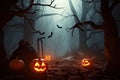 Halloween background Spooky forest with dead trees and pumpkins Generative AI Royalty Free Stock Photo