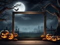 Halloween background. Spooky forest with full moon and wooden table. Halloween spooky background. Illustration AI Generative Royalty Free Stock Photo