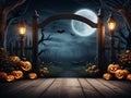 Halloween background. Spooky forest with full moon and wooden tableHalloween spooky background. Illustration AI Generative Royalty Free Stock Photo
