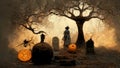 Halloween background. Spooky forest pumpkin in graveyard Royalty Free Stock Photo