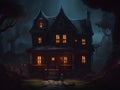 halloween background with spooky house in dark forest, AI Generated Royalty Free Stock Photo