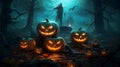 Halloween background with spooky graveyard, bats and pumpkins.