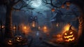 Halloween background spooky pumpkin with moon and dark forest halloween design with copyspace