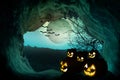 Halloween background. Spooky pumpkin with moon and dead trees on Royalty Free Stock Photo