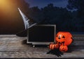 Halloween background. Spooky pumpkin, Witch hat, Black spider, c Royalty Free Stock Photo