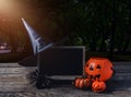 Halloween background. Spooky pumpkin, Witch hat, Black spider, c Royalty Free Stock Photo