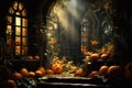 Halloween background spooky scene, creepy pumpkins scary backdrop. Royalty Free Stock Photo