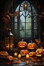 Halloween background spooky scene, creepy pumpkins scary backdrop. Royalty Free Stock Photo