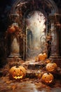 Halloween background spooky scene, creepy pumpkins scary backdrop. Royalty Free Stock Photo