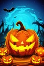 Halloween background spooky scene, creepy pumpkins on scary graveyard. Royalty Free Stock Photo