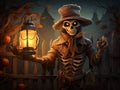 Halloween background with spooky skeleton holding lantern Royalty Free Stock Photo