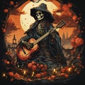 Halloween background with a spooky skeleton playing the guitar.