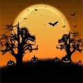 Halloween background. Spooky trees, pumpkins jack-o-lantern and bats silhouettes on full moon background. Scarry and Royalty Free Stock Photo