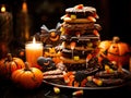 Halloween background with stacks of cookies and candy