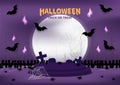 Halloween background. Stage podium decorated with Halloween day elements, bats, spiders, spider web, cross sign, gravestone. Royalty Free Stock Photo