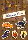 Halloween background with stickers, text and festoon on wood