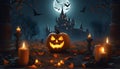 Halloween background template with scary pumpkins candle in the graveyard of castle at night, AI generated. Royalty Free Stock Photo