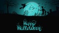 Halloween background, template for your creativity with night landscape with big blue full moon, zombie, witches and pumpkins. Royalty Free Stock Photo