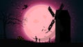 Halloween background, template for your creativity with pink night landscape with full moon, old mill, witches and zombie.