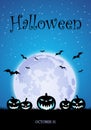 Halloween Banner Background With Jack O` Lantern Pumpkins, Bats And Full Moon