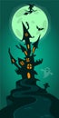 Halloween background with tombs, trees, bats, tombstones, gravey and haunted house. Royalty Free Stock Photo