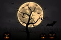 Halloween background with tree, full Moon and pumpkins in dark night isolated. Halloween moon, scary