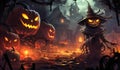 Halloween background with ugly witch and illuminated pumpkins. Time of joy and fear. AI generated