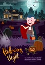 Vampire, haunted house and full moon. Halloween party flyer. Royalty Free Stock Photo