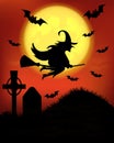 Halloween background with a witch on a broom against the background
