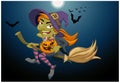 Halloween background. Witch flying on a broomstick and holding a Royalty Free Stock Photo