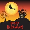 Halloween background with witch, moon and castle. Royalty Free Stock Photo