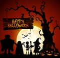 Halloween background with witch, skeleton and monster silhouette