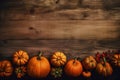 halloween background wood season autumn wooden orange pumpkin garden fall leaf. Generative AI. Royalty Free Stock Photo