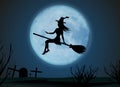 Halloween background. Young witch flying on a broomstick on the background of a full moon above cemetery. Vector Royalty Free Stock Photo