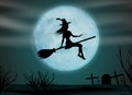 Halloween background. Young witch flying on a broomstick on the background of a full moon above cemetery. Vector Royalty Free Stock Photo