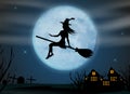 Halloween background. Young witch flying on a broomstick on the background of a full moon over the castle and cemetery. Vector Royalty Free Stock Photo