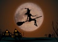 Halloween background. Young witch flying on a broomstick on the background of a full moon over the castle and cemetery. Vector Royalty Free Stock Photo