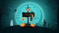 Halloween background for your creativity with night landscape, full moon over the hill, old wooden sign with attached pumpkin Jack