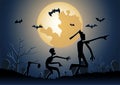 Halloween background with zombie walk in graveyard on midnight