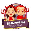 Halloween badge with pair devil cartoon